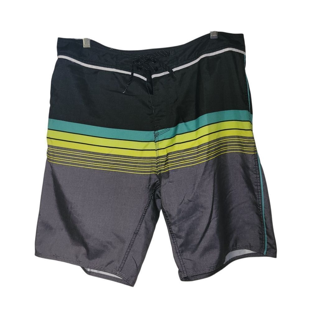 Burnside Black and Green Striped Swim Trunks